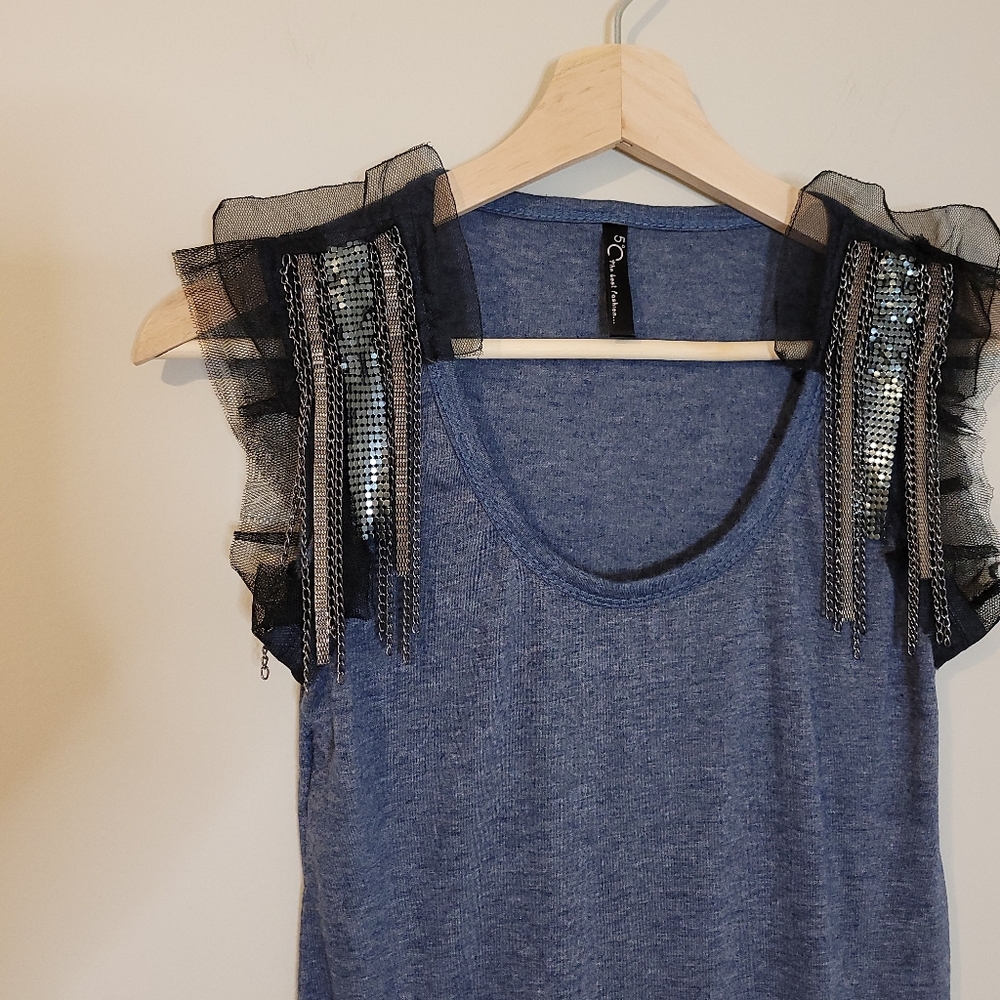 Vintage Blue Tank Top with Black Mesh & Silver Sequin Fringe